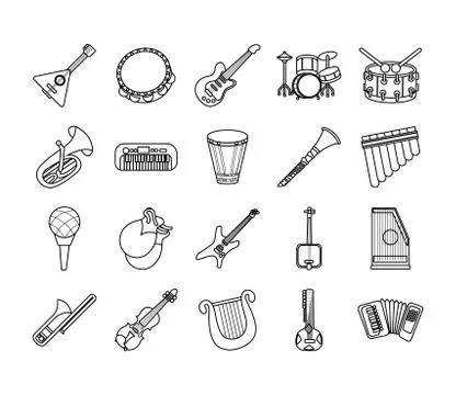 Bundle of twenty musical instruments set icons Illustrazione stock