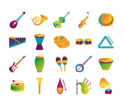 Bundle of twenty musical instruments set collection icons Stock Illustration
