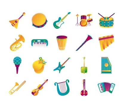 Bundle of twenty musical instruments set icons Illustrazione stock
