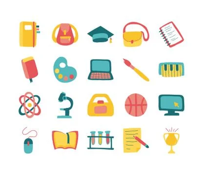 Bundle of twenty school supplies flat style icons Stockillustratie