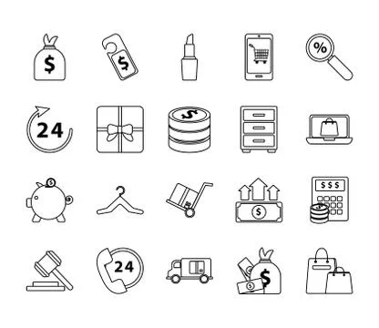 Bundle of twenty shopping set collection icons Illustrazione stock
