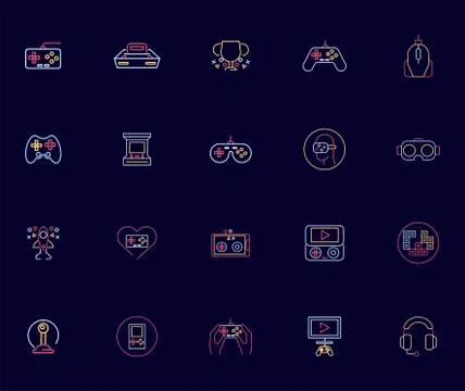 Bundle of twenty video game neon style icons 스톡 일러스트