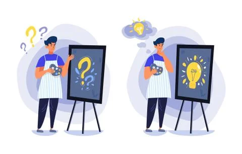 Bundle of two images of a young designer, freelancer or painter who tries to Stock Illustration