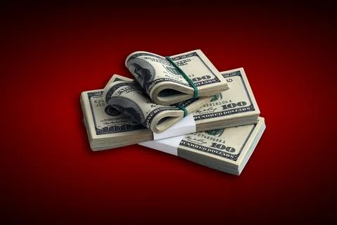 Bundle of US dollar bills on crimson red background. Pack of american money w Stock Photos