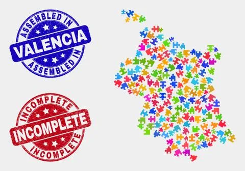 Bundle Valencia Province Map and Distress Assembled and Incomplete Stamps Stock Illustration
