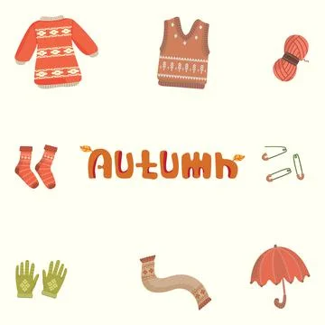 Bundle of various autumn clothes and supplies, perfect for illustration and a Illustrazione stock