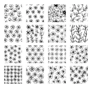 Bundle of vector floral hand drawn seamless patterns. Collection of repeating イラスト素材