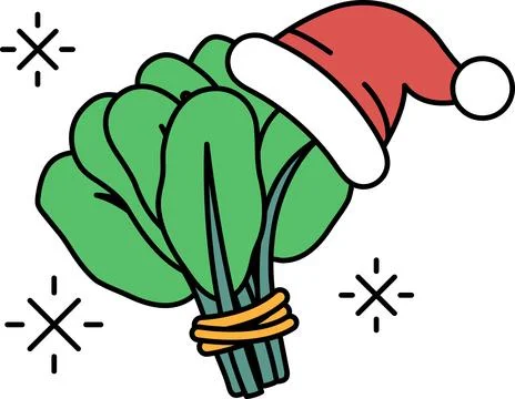 A bundle of vegetables is tied together with a string and is wearing a Sant.. Stock Illustration