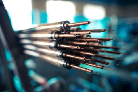Bundle of wires hangs from pipes 스톡 사진