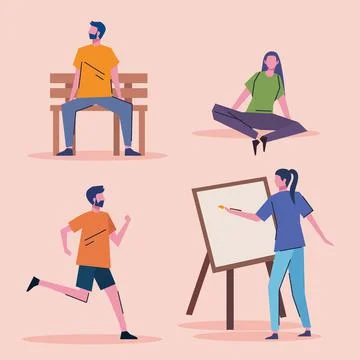 Bundle of young people practicing activities characters Stock Illustration