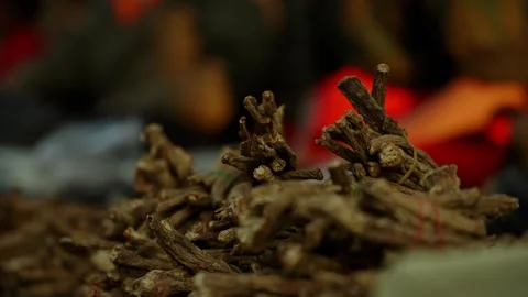 Bundled dried medicinal roots with red fabric backdrop Nepal Stock Footage 342140547