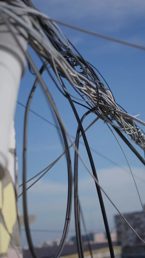 Bundled Internet Data Cables Hanging on Rooftop Under Clear Blue Sky Stock Footage 347541834