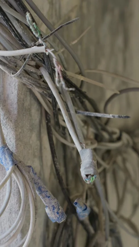Bundled Network Cables Hanging on Dusty Concrete Wall in Renovation Stock Footage 347544972