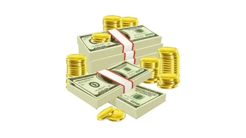 Bundled stacks of hundred dollar bills and gold coins on white background f.. Vidéo 334256204