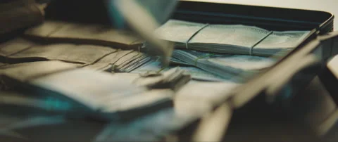 Bundles Of Bills Falling Into A Suitcase Stock Footage 149277347