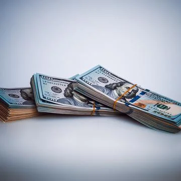 Bundles of packaged dollars on a white background. Stock Photos