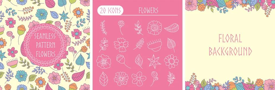 Bundling of seamless pattern, icon and background flowers Stock Illustration