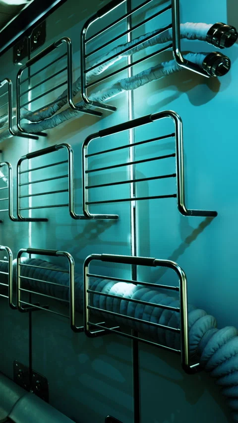 Bunk beds in a dimly lit room at a hostel during late night hours Stock Footage 338422700