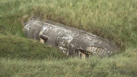 Bunker in dune landscape with beach grass, Thy National Park Stock Footage 118462386