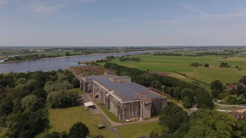 Bunker Valentin from WW2 Overview, Drone semi-circle revolve 4K 180 degree Video stock 334232643
