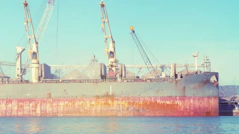 Bunkering of dry cargo ship with grain with harbor crane in ukranian seaport Stock Footage 228990226