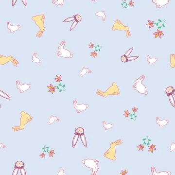 Bunnies and flowers repeat pattern design on pastel purple background Stock Illustration