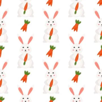 Bunnies with carrots seamless pattern, vector illustration. Stock Illustration