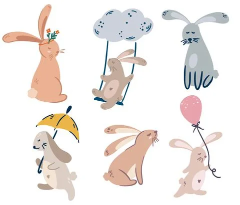 Bunnies set. Cute hand draw rabbits with clouds, balloons and flowers. Childr Stock Illustration