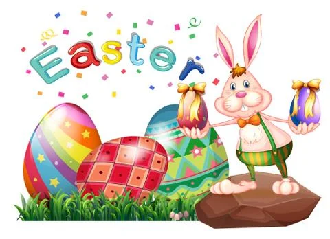 A bunny above the rock with Easter eggs Ilustração Stock