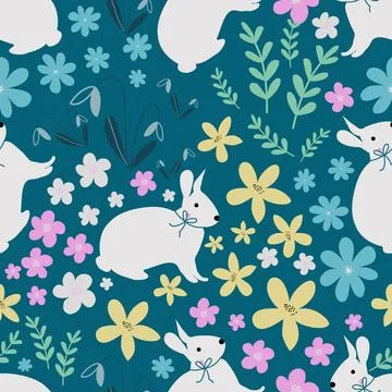 Bunny Aesthetic Rabbit ,flowers pattern design ,Floral pattern seamless Stock Illustration