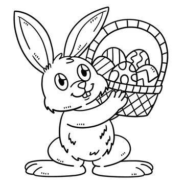 Bunny and Basket of Easter Eggs Isolated Coloring Stock Illustration