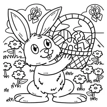 Bunny and Basket of Easter Eggs Coloring Page Stock Illustration