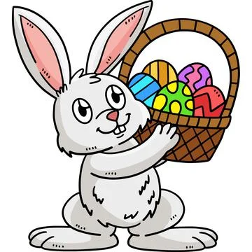 Bunny and Basket of Easter Eggs Cartoon Clipart Ilustración de archivo