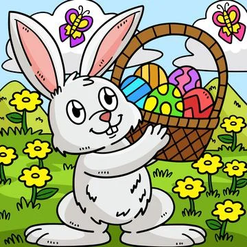 Bunny and Basket of Easter Eggs Colored Cartoon 스톡 일러스트