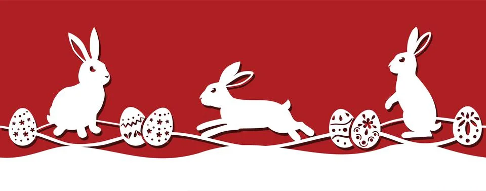 Bunny and Easter eggs on meadow. White seamless border for cut card. Vector Stock Illustration