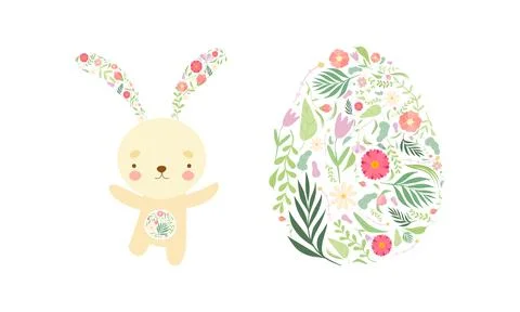 Bunny and Egg Decorated with Spring Flower Vector Set Stock Illustration
