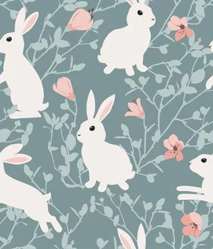 Bunny and flower branch pattern. Vector illustration Stock Illustration