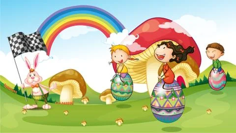 A bunny and kids with easter eggs Illustrazione stock