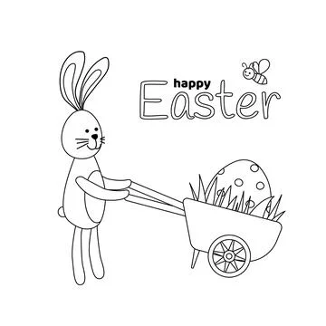 Bunny and wheelbarrow with big Easter egg. Coloring page. Black and white Stock Illustration