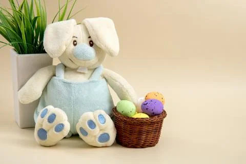 Bunny with a basket of Easter eggs on a light background with copy space Stock Photos