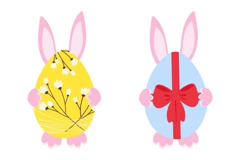 Bunny behind Easter Egg Decorated Flower twigs and red bow ribbon Easter Stock Illustration