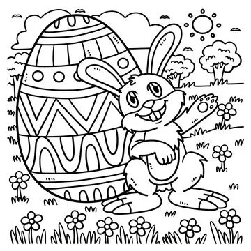 Bunny with Big Easter Egg Coloring Page for Kids Stock Illustration