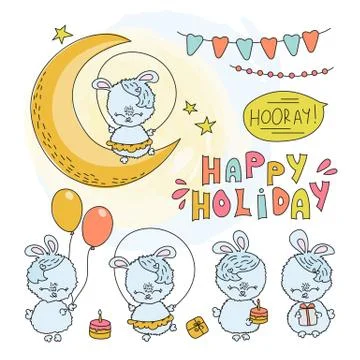 BUNNY BIRTHDAY Comic Cartoon Vector Illustration Set Illustrazione stock