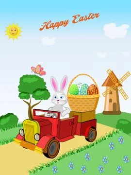 Bunny on a car with a basket of easter eggs Stock Illustration
