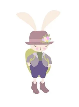 Bunny in clothes, in a hat with an egg on his shoulders. Vector illustration Stock Illustration