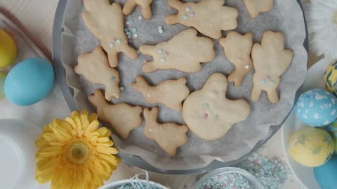 Bunny Cookies and Easter Eggs on Table Stock Footage 125010913