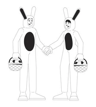 Bunny couple with Easter baskets black and white cartoon flat illustration Ilustração Stock