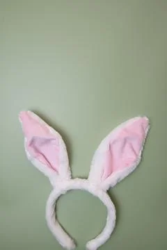 Bunny ears at bottom with copy space above on pastel green background Fotos Stock