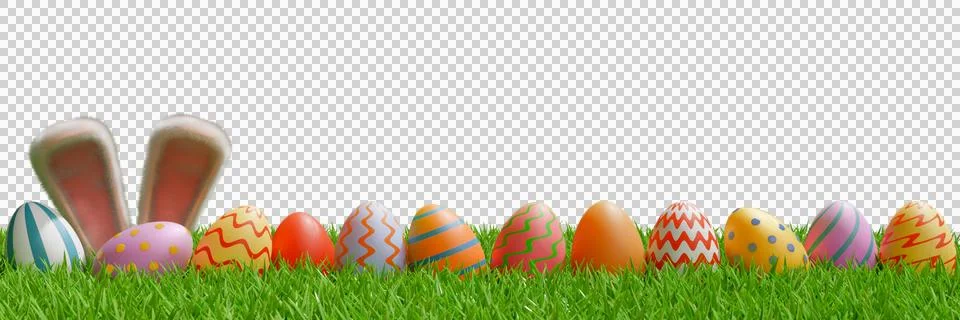 Bunny ears with colored Easter eggs on a meadow in the grass. Illustrazione stock