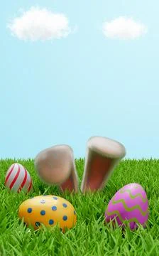 Bunny ears with colored Easter eggs on a meadow in the grass. Illustrazione stock